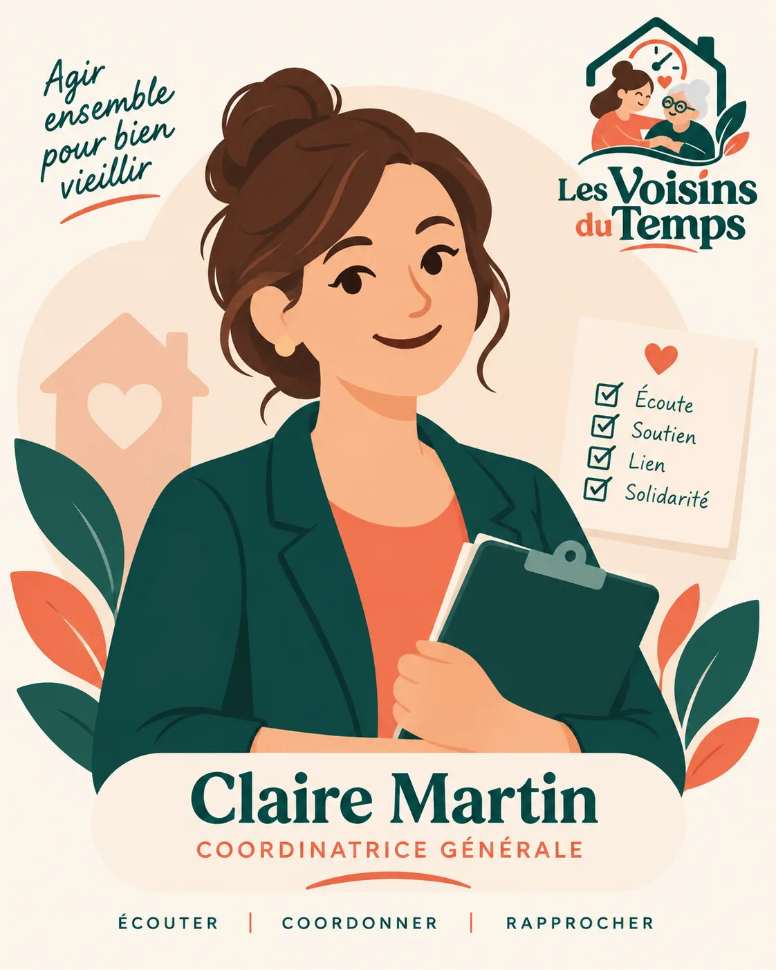 L'affiche de l'association présente Claire Martin, coordinatrice générale, sous le mot d'ordre « Agir ensemble pour bien vieillir »