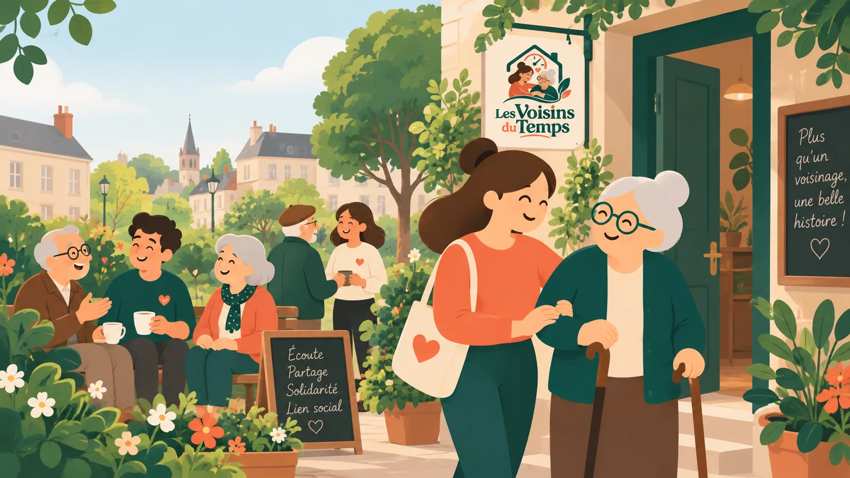 Une bénévole accompagne une dame âgée dans la rue, pendant que des voisins discutent sur un banc fleuri