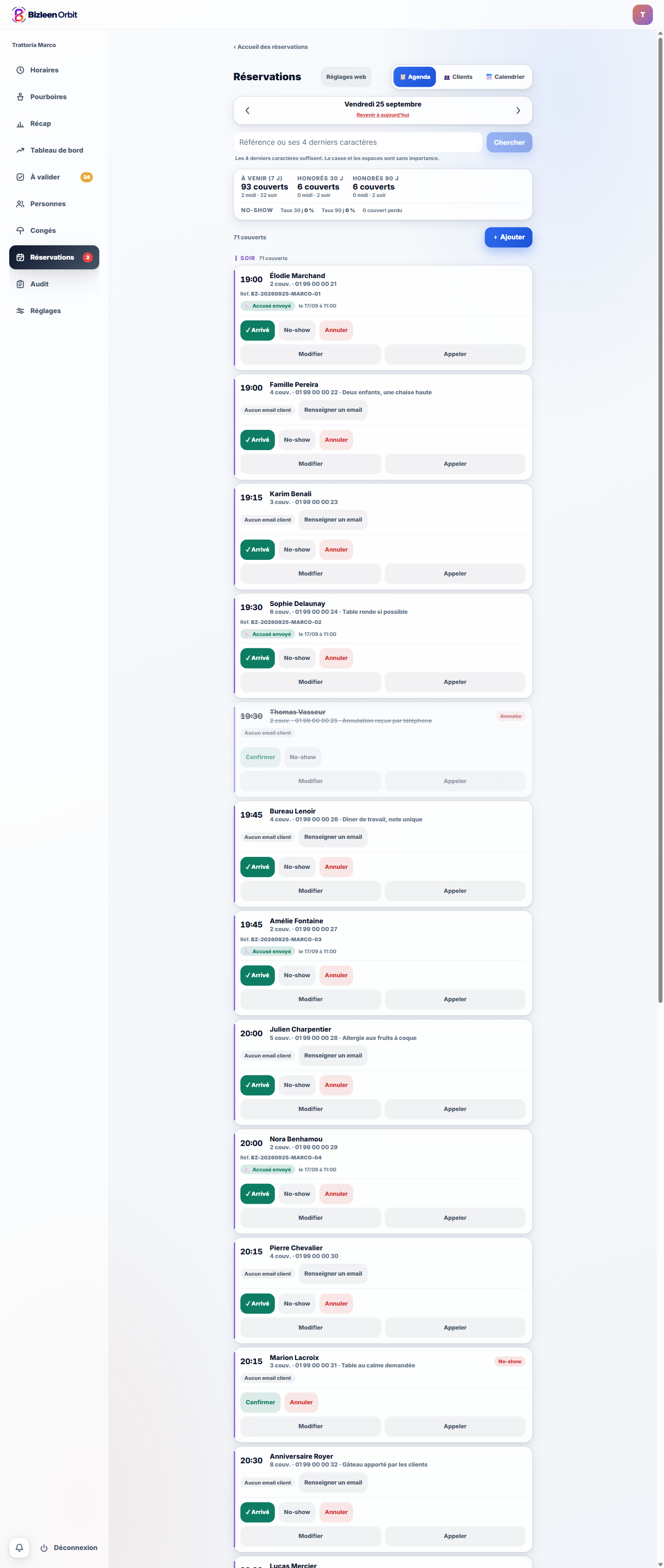 Les arrivées et les couverts du service du soir dans le cahier Orbit de Trattoria Marco, établissement fictif.