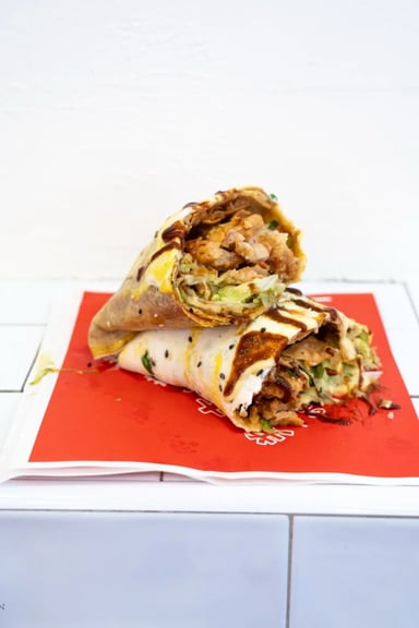 Crispy fried chicken jianbing, stacked and cut