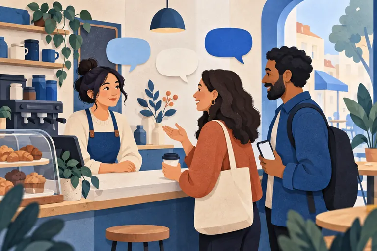 Illustration de clients échangeant avec une commerçante autour de leur expérience.