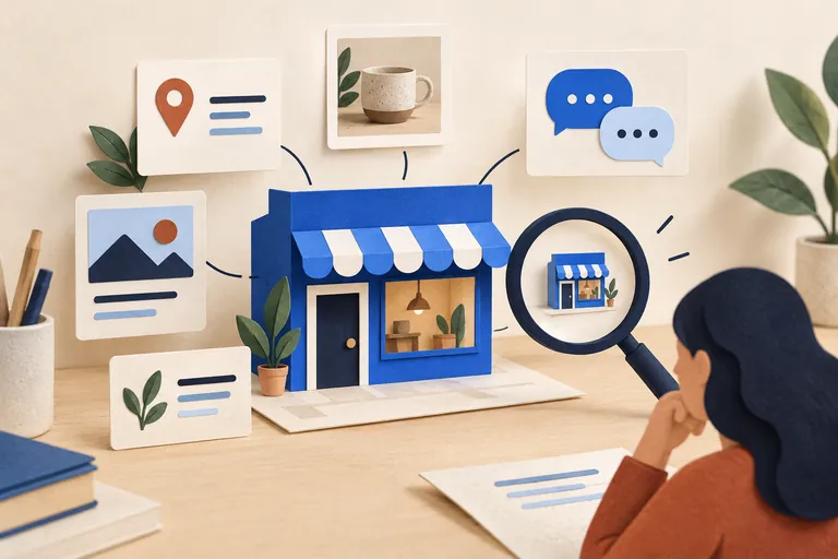 Illustration d’une recherche reliant une boutique à des informations sur son offre et sa localisation.