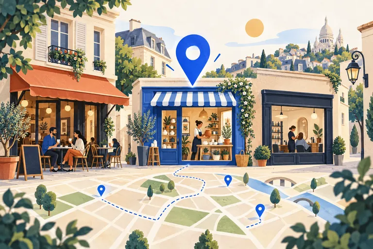 Illustration de commerces de quartier reliés à une carte par des repères de localisation.