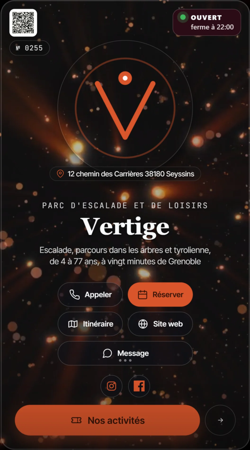 The card of Vertige, a fictional climbing park, with its Call, Book and Our activities buttons over an animated background.