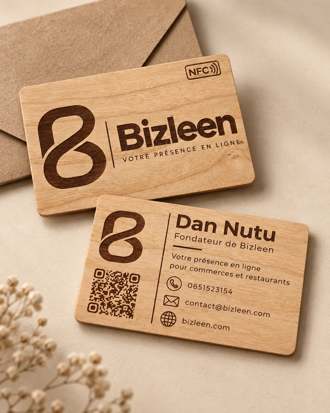 Personalised wooden Bizleen card, front and back presentation